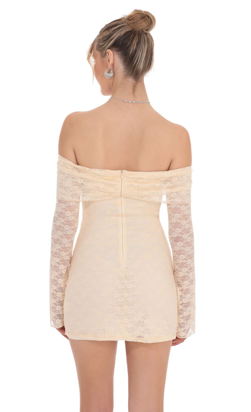 Lucy In The Sky Lace Draped Off Shoulder Dress in Pastel Peach
