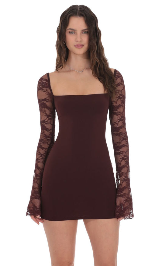 Lucy In The Sky Lace Long Sleeve Bodycon Dress in Brown