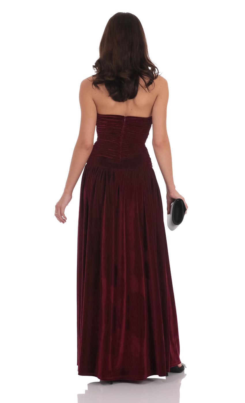 Lucy In The Sky Velvet Ruched Drop Waist Maxi Dress in Wine