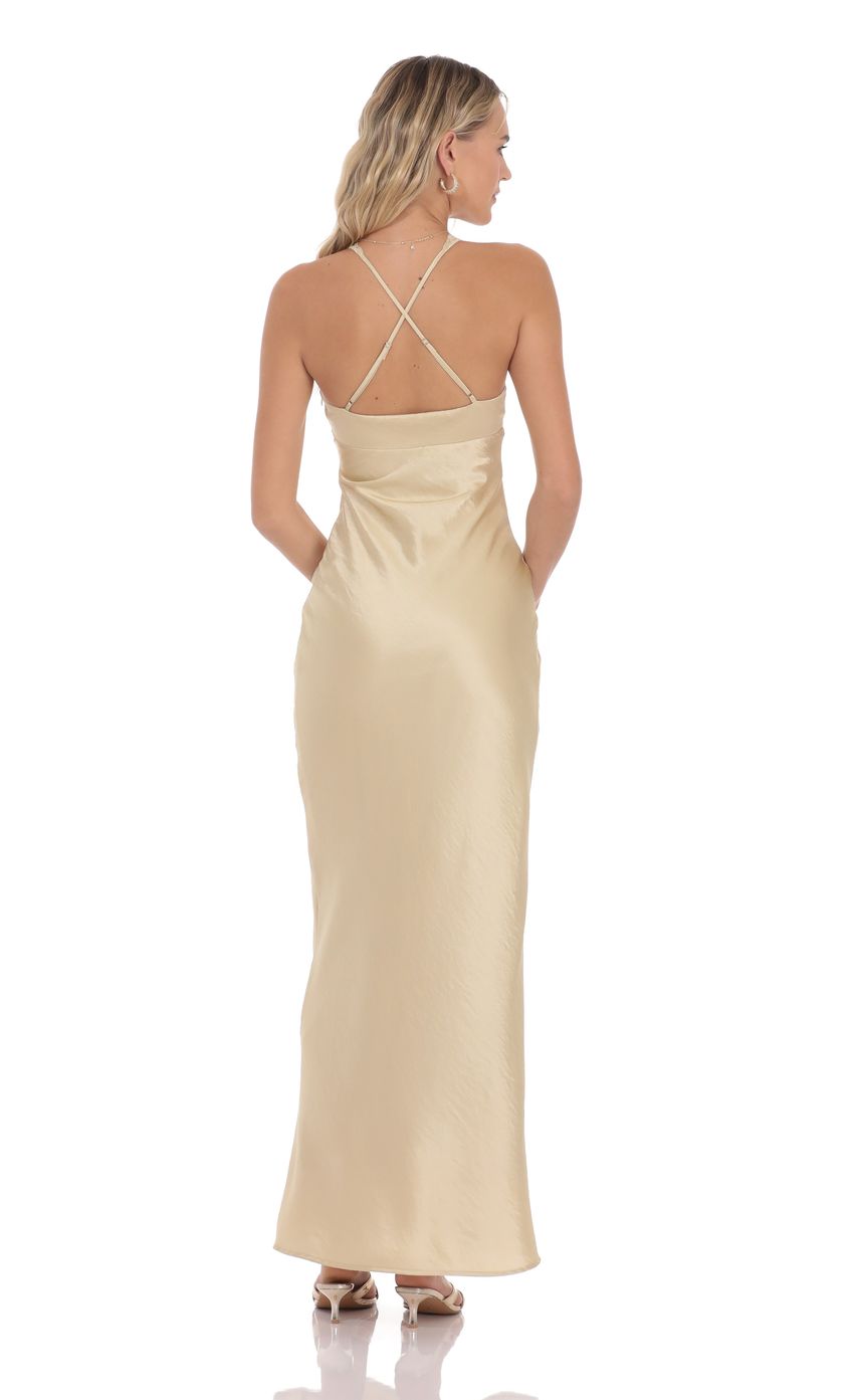 Lucy In The Sky Satin Lace Trim Maxi Dress in Champagne