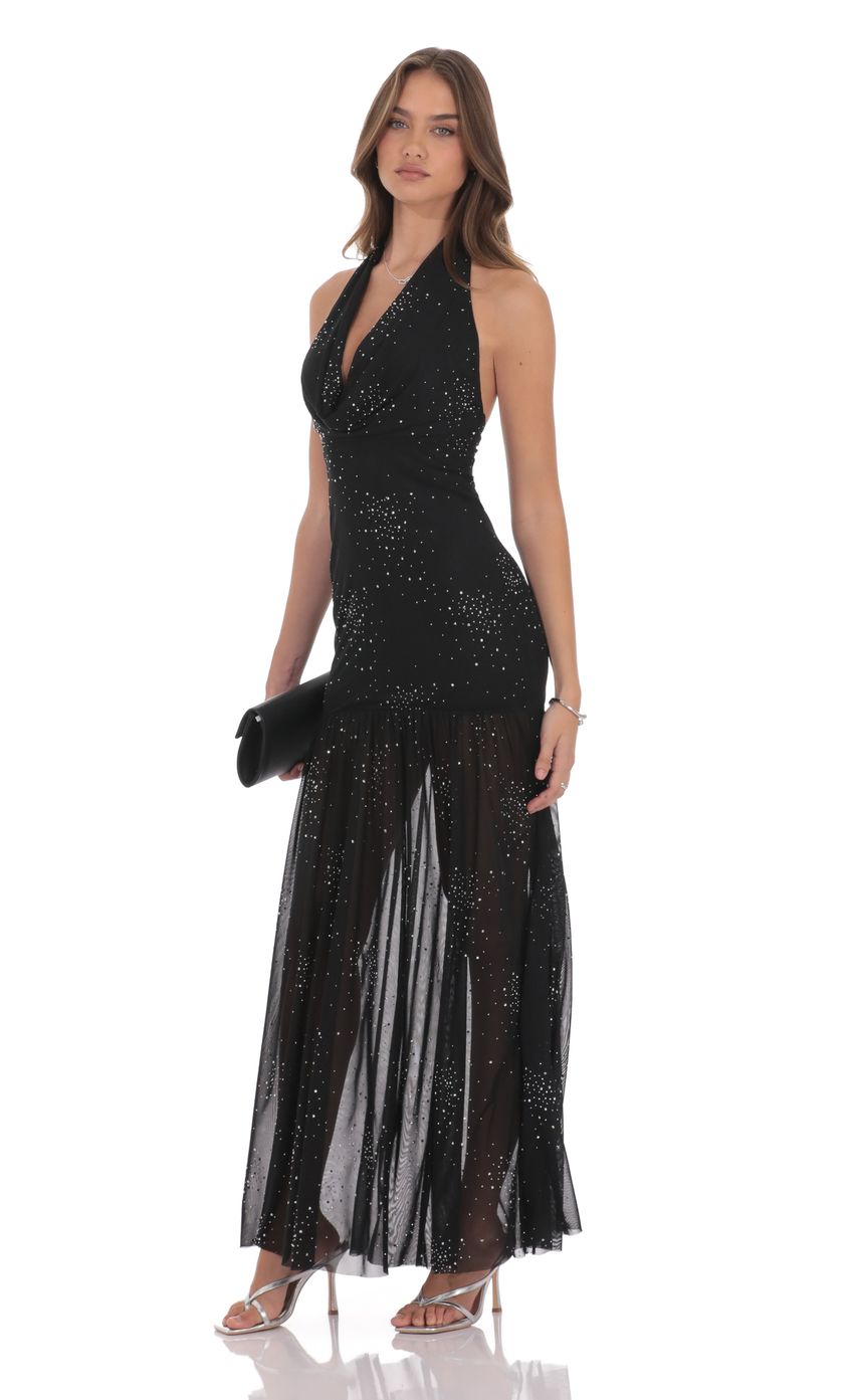 Lucy In The Sky Rhinestone Plunge Cowl Neck Maxi Dress in Black