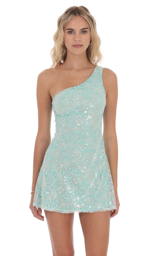 Lucy In The Sky Sequin Floral One Shoulder Dress in Seafoam
