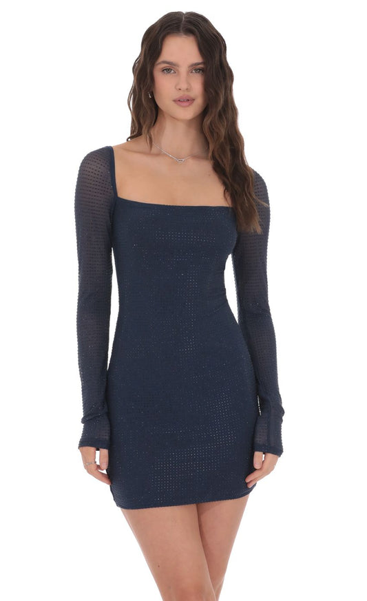 Lucy In The Sky Rhinestone Long Sleeve Dress in Navy