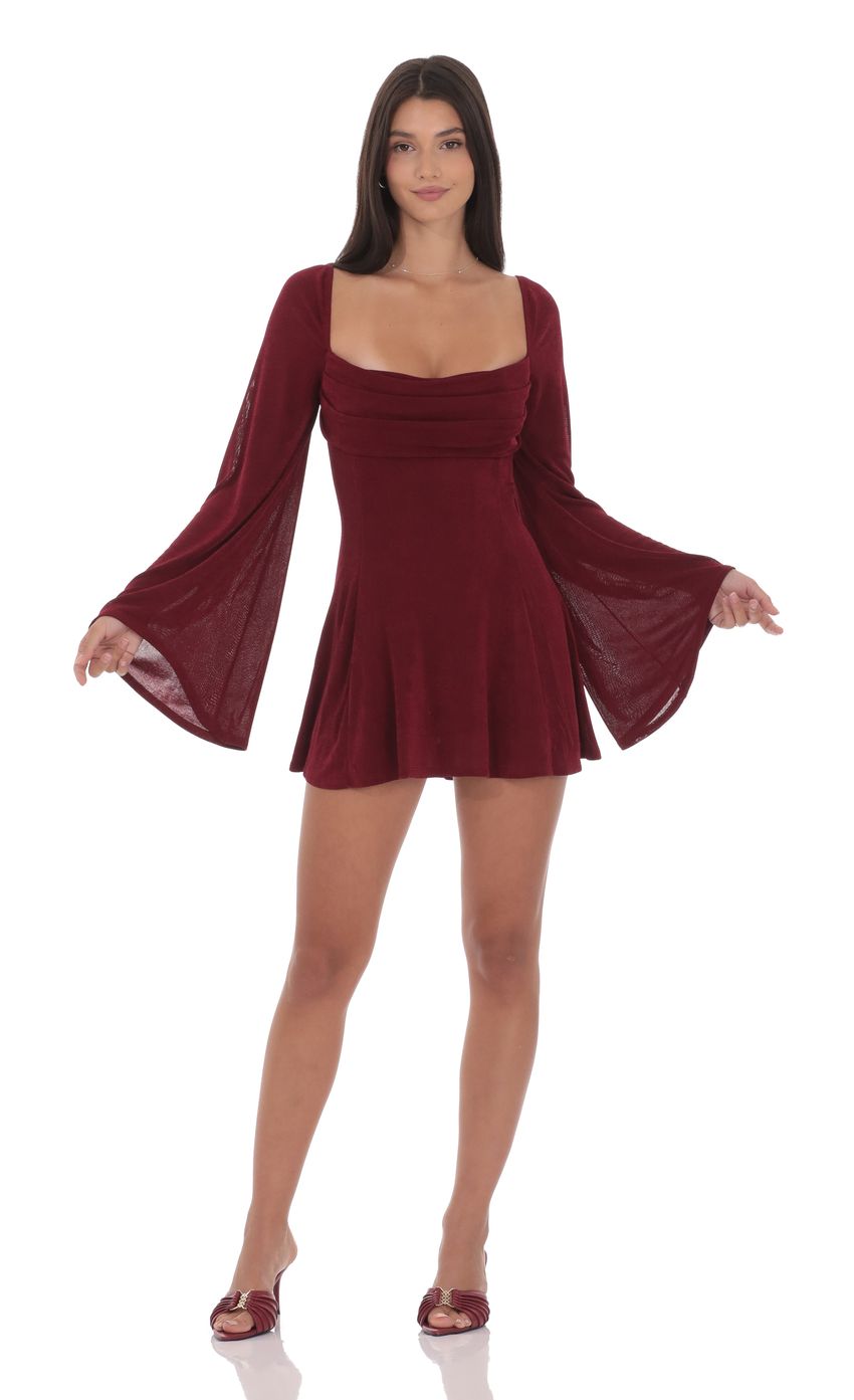 Lucy In The Sky Slinky Flare Sleeve Dress in Burgundy
