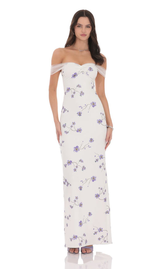 Lucy In The Sky Tulle Off Shoulder Floral Maxi Dress in White