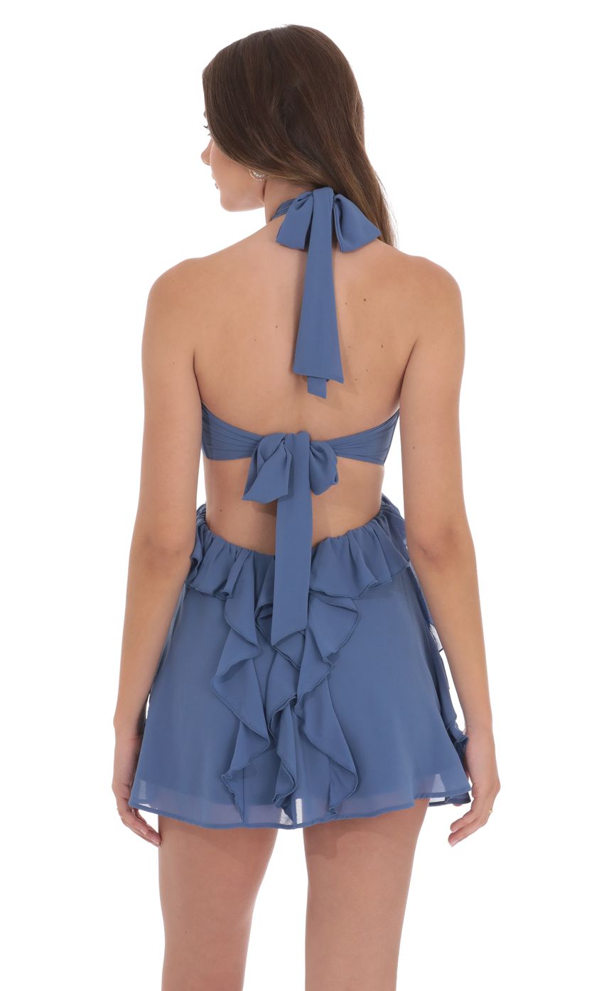 Lucy In The Sky Chiffon Cutout Ruffle Dress in Denim Blue