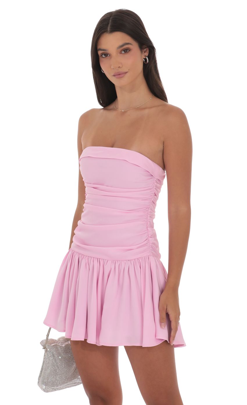 Lucy In The Sky Matte Satin Strapless Ruched Flare Dress in Pink