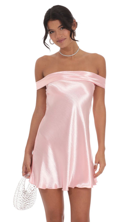 Lucy In The Sky Satin Off Shoulder Dress in Pink