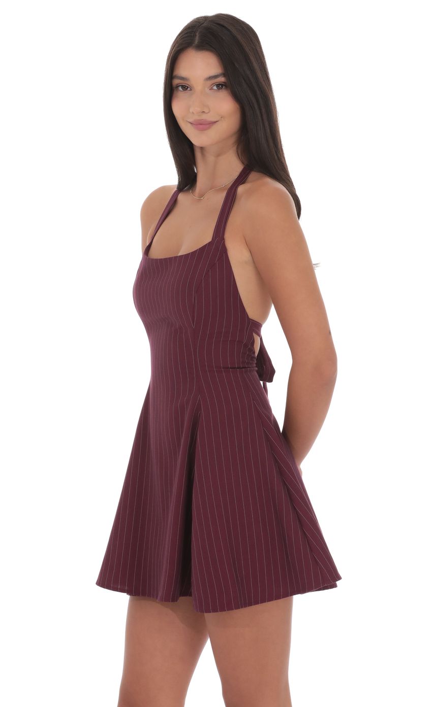 Lucy In The Sky Pinstripe Halter Fit and Flare Dress in Burgundy