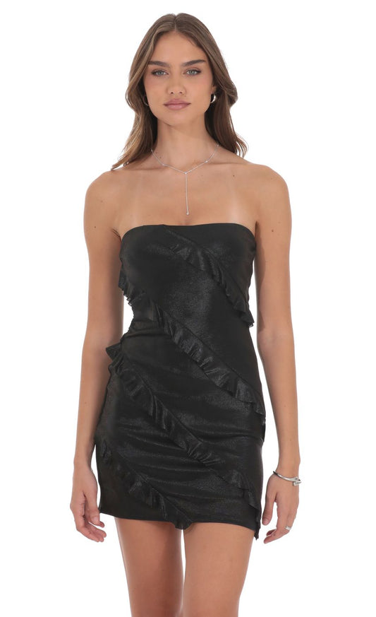 Lucy In The Sky Metallic Ruffle Bodycon Dress in Black