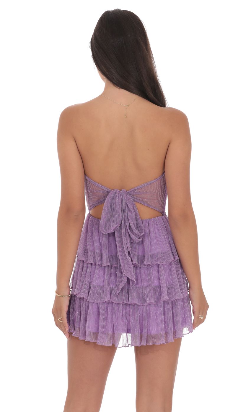 Lucy In The Sky Shimmer Pleated Ruffle Dress in Purple