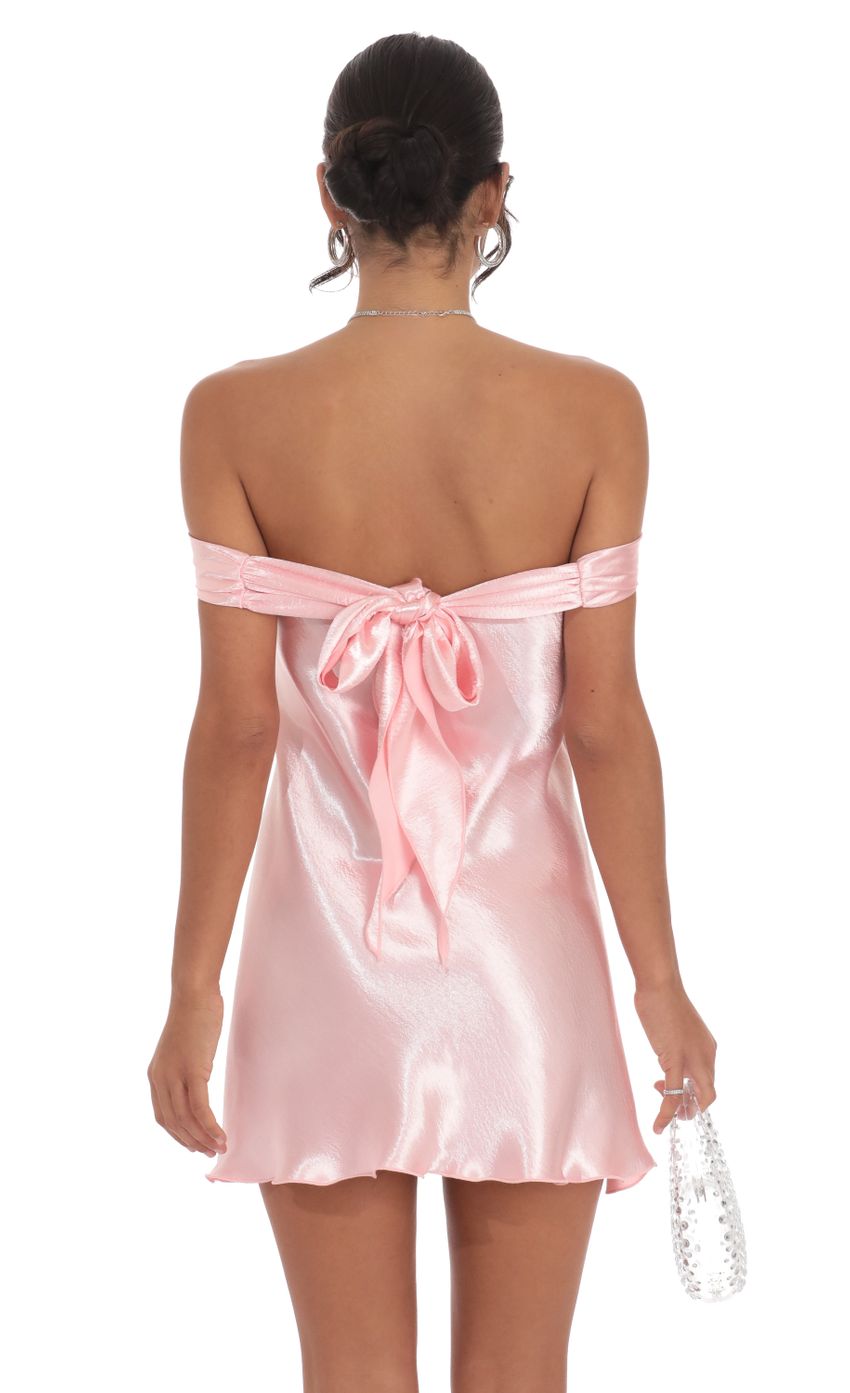 Lucy In The Sky Satin Off Shoulder Dress in Pink
