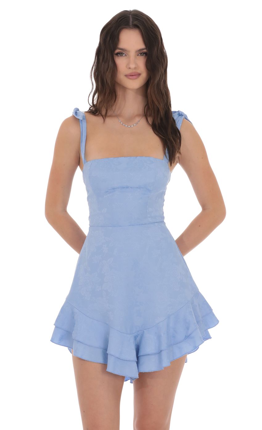 Lucy In The Sky Floral Jacquard Ruffle A-line Dress in Light Blue