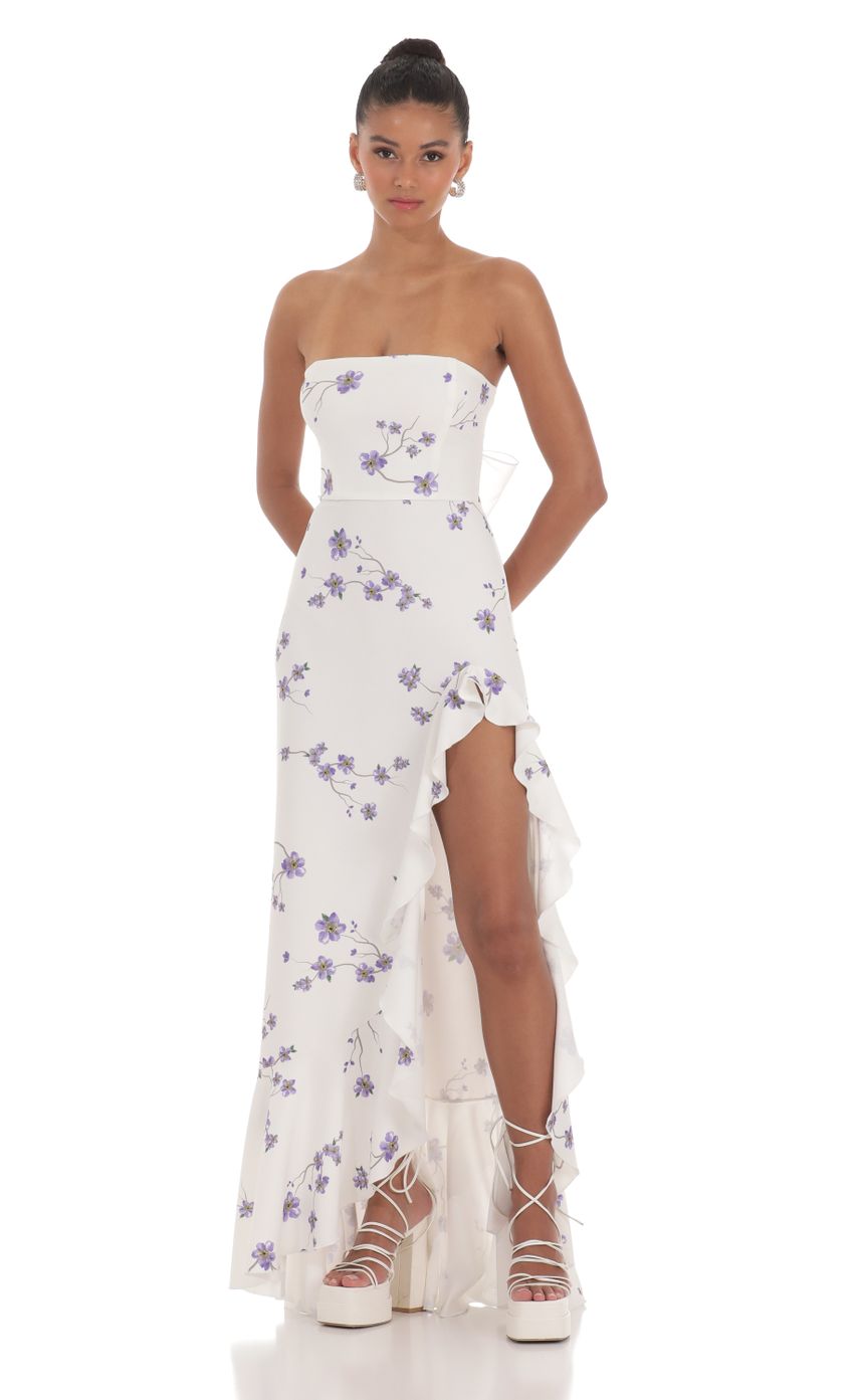 Lucy In The Sky Floral Strapless Back Bow Corset Maxi Dress in White