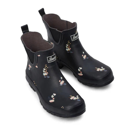 Jileon Rain Boots Ankle Height Rain Boots - Black Floral - Wide Foot - Easy to Slip On