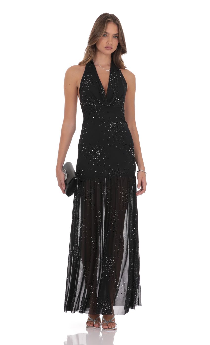 Lucy In The Sky Rhinestone Plunge Cowl Neck Maxi Dress in Black