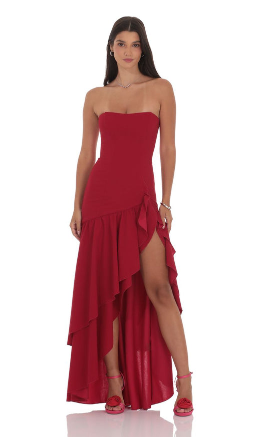 Lucy In The Sky Fishtail Strapless Corset Maxi Dress in Wine