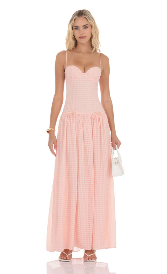 Lucy In The Sky Plaid Drop Waist Maxi Dress in Pink