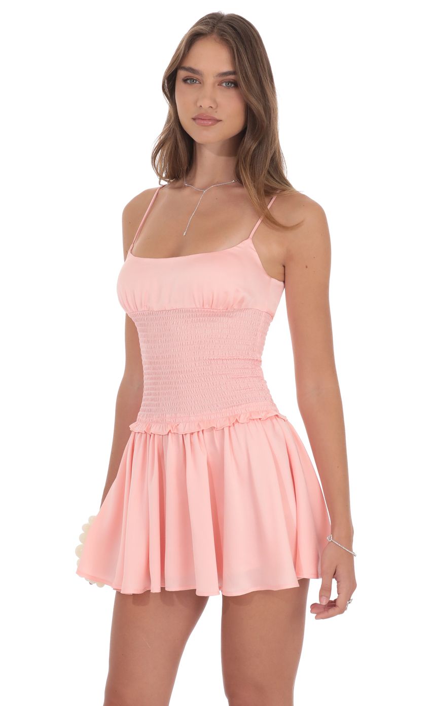 Lucy In The Sky Smocked Satin Dress in Coral
