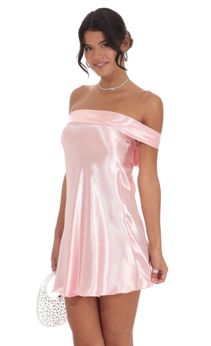 Lucy In The Sky Satin Off Shoulder Dress in Pink