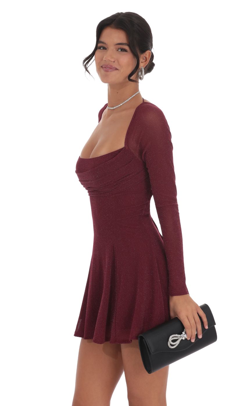 Lucy In The Sky Shimmer Draped Fit and Flare Dress in Maroon