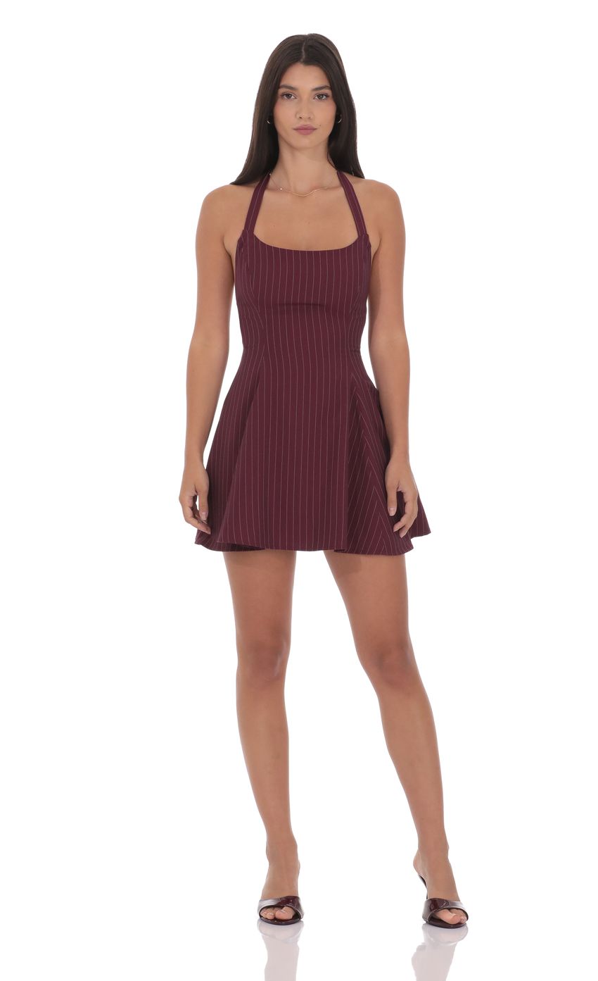 Lucy In The Sky Pinstripe Halter Fit and Flare Dress in Burgundy