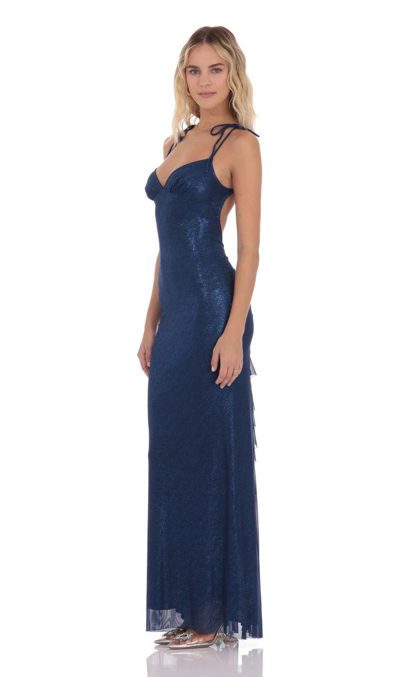Lucy In The Sky Foil Back Ruffle Maxi Dress in Navy