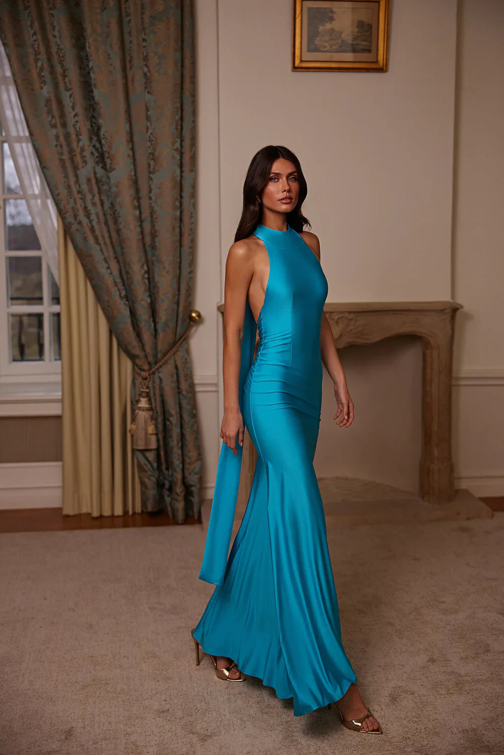Alamour The Label Elsie Aqua High Neck Jersey Maxi Gown