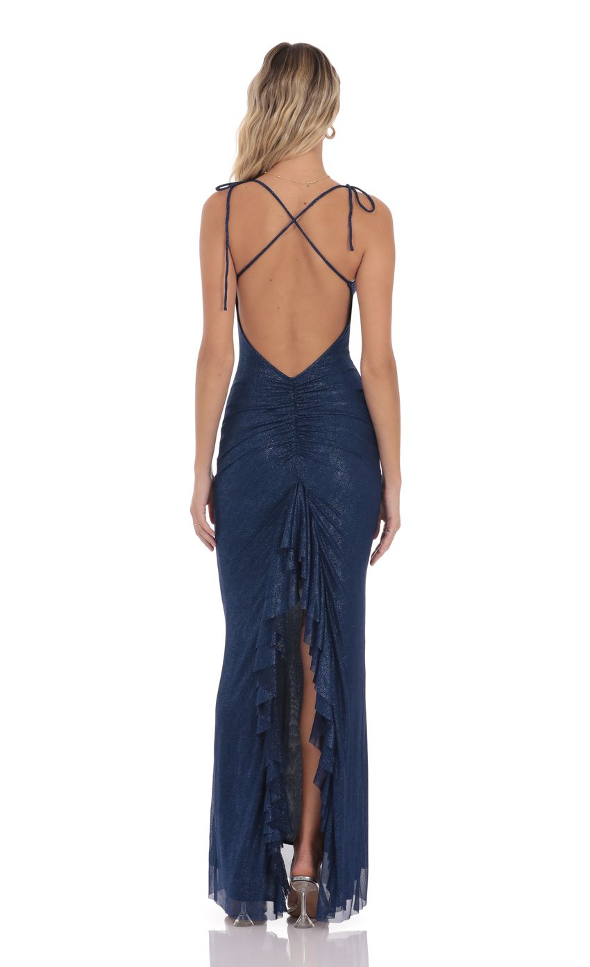 Lucy In The Sky Foil Back Ruffle Maxi Dress in Navy