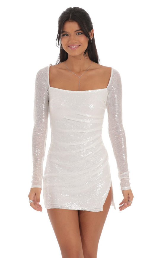 Lucy In The Sky Sequin Long Sleeve Bodycon Dress in White