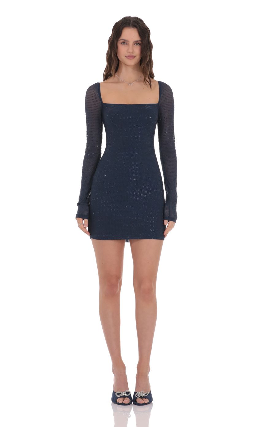 Lucy In The Sky Rhinestone Long Sleeve Dress in Navy