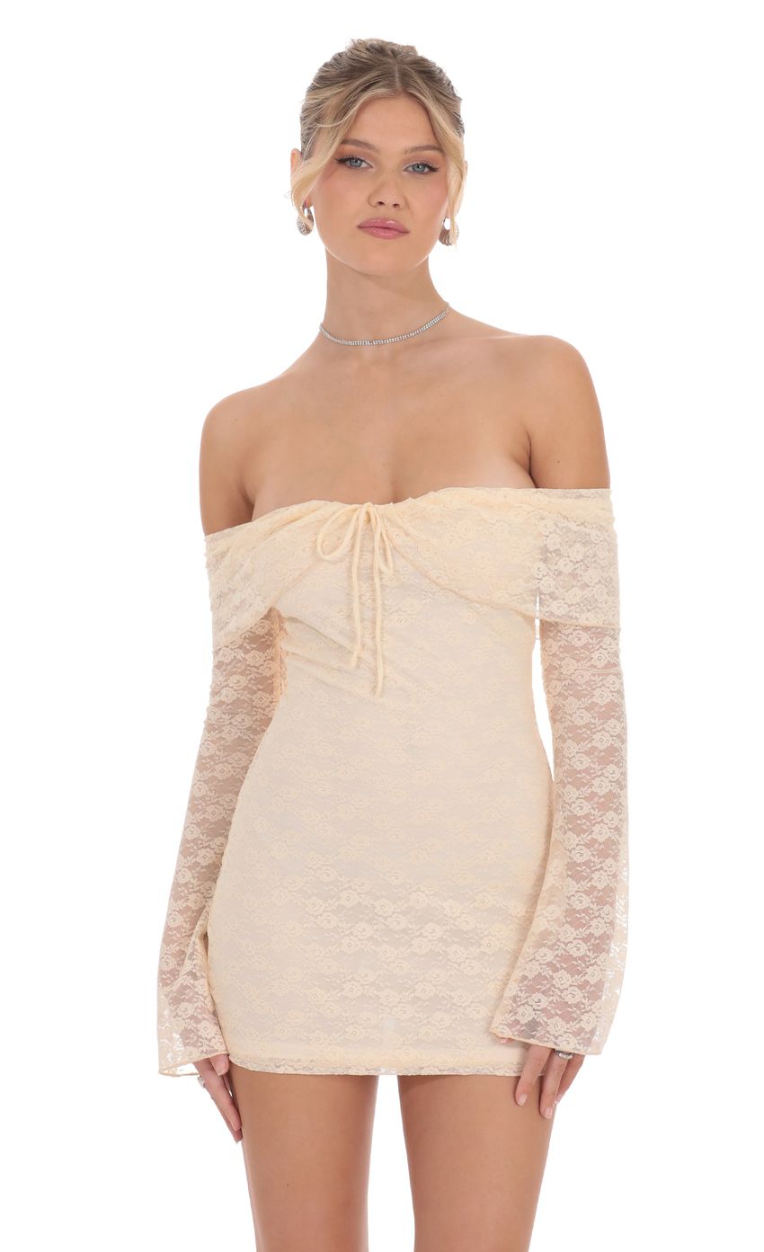Lucy In The Sky Lace Draped Off Shoulder Dress in Pastel Peach