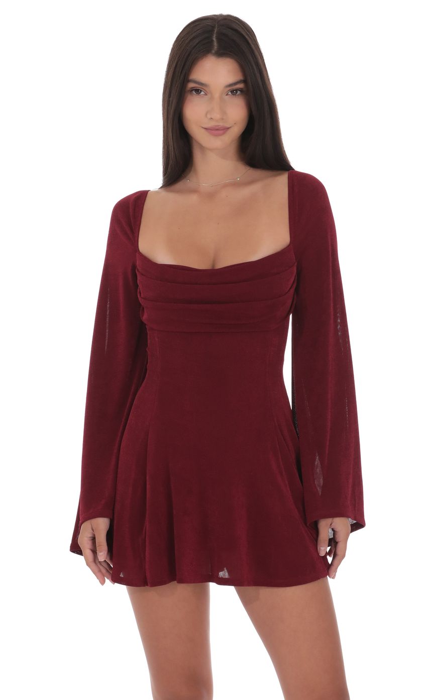 Lucy In The Sky Slinky Flare Sleeve Dress in Burgundy