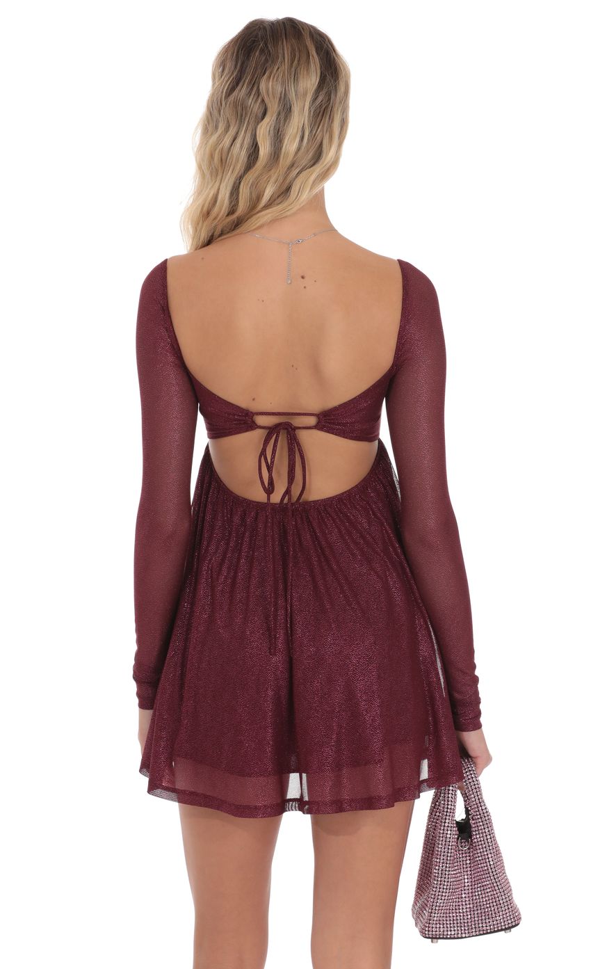 Lucy In The Sky Foil Long Sleeve Babydoll Dress in Burgundy