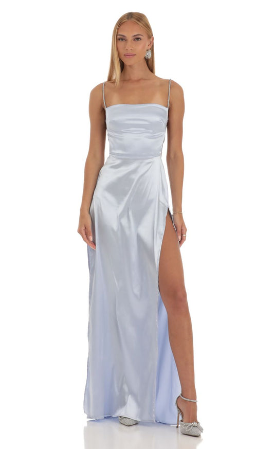 Lucy In The Sky Rhinestone Satin Maxi Dress in Periwinkle