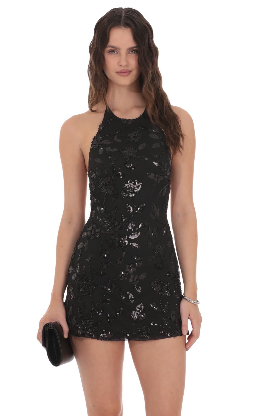 Lucy In The Sky Mesh Sequin Halter Dress in Black