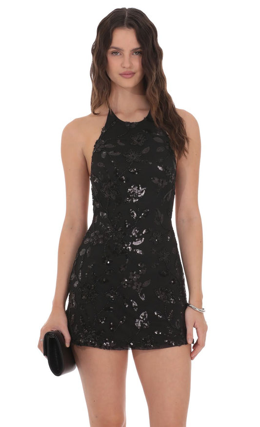 Lucy In The Sky Mesh Sequin Halter Dress in Black