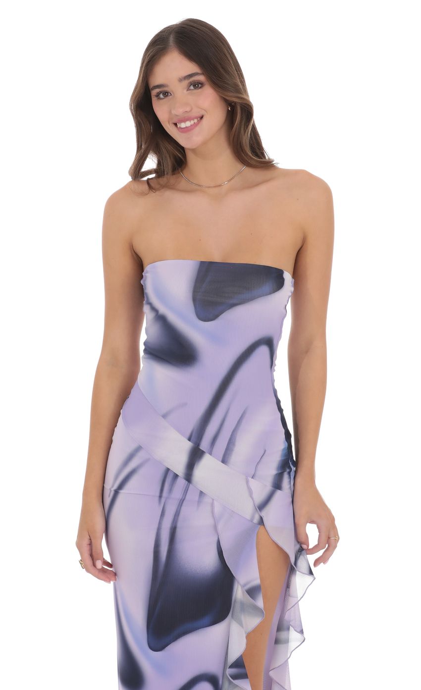 Lucy In The Sky Swirl Mesh Strapless Ruffle Slit Dress in Purple