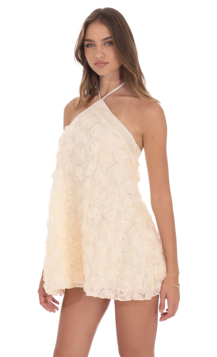 Lucy In The Sky Satin Trim Floral Halter Dress in Ivory