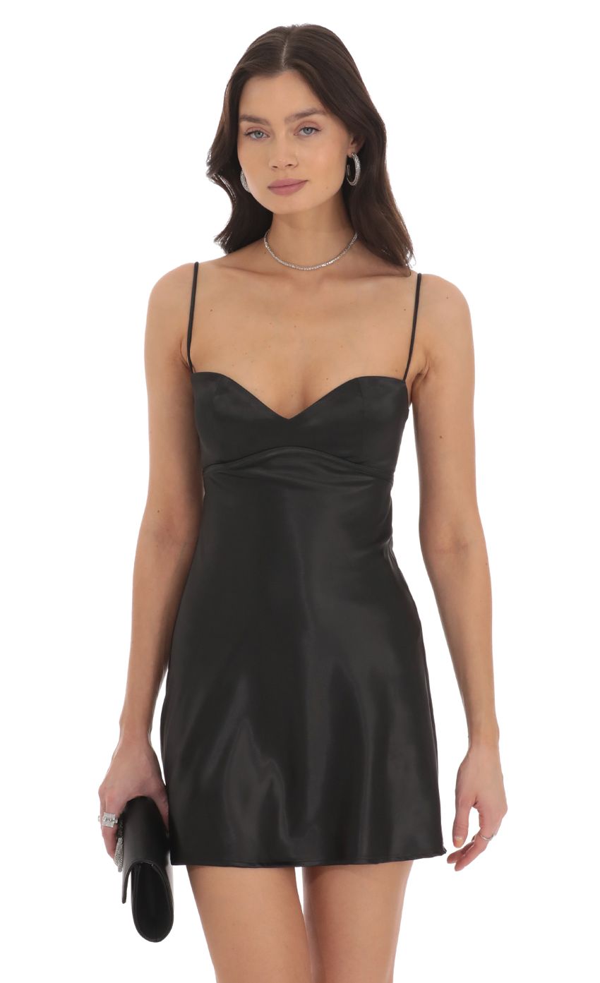Lucy In The Sky Satin Sweetheart Neck Dress in Black