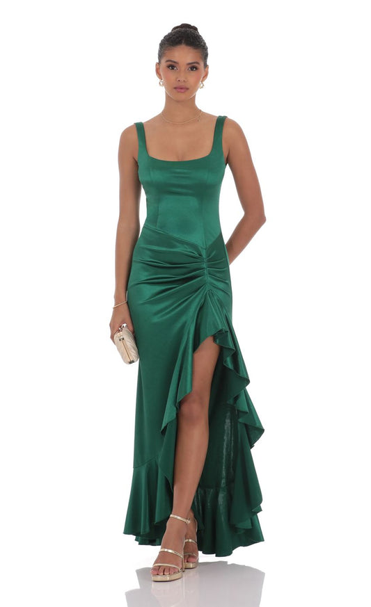 Lucy In The Sky Satin Ruched Ruffle Slit Maxi Dress in Green