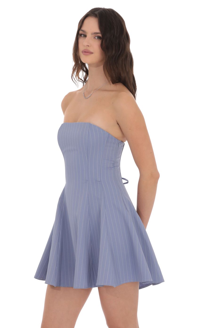 Lucy In The Sky Pinstripe Corset Strapless Dress in Denim Blue
