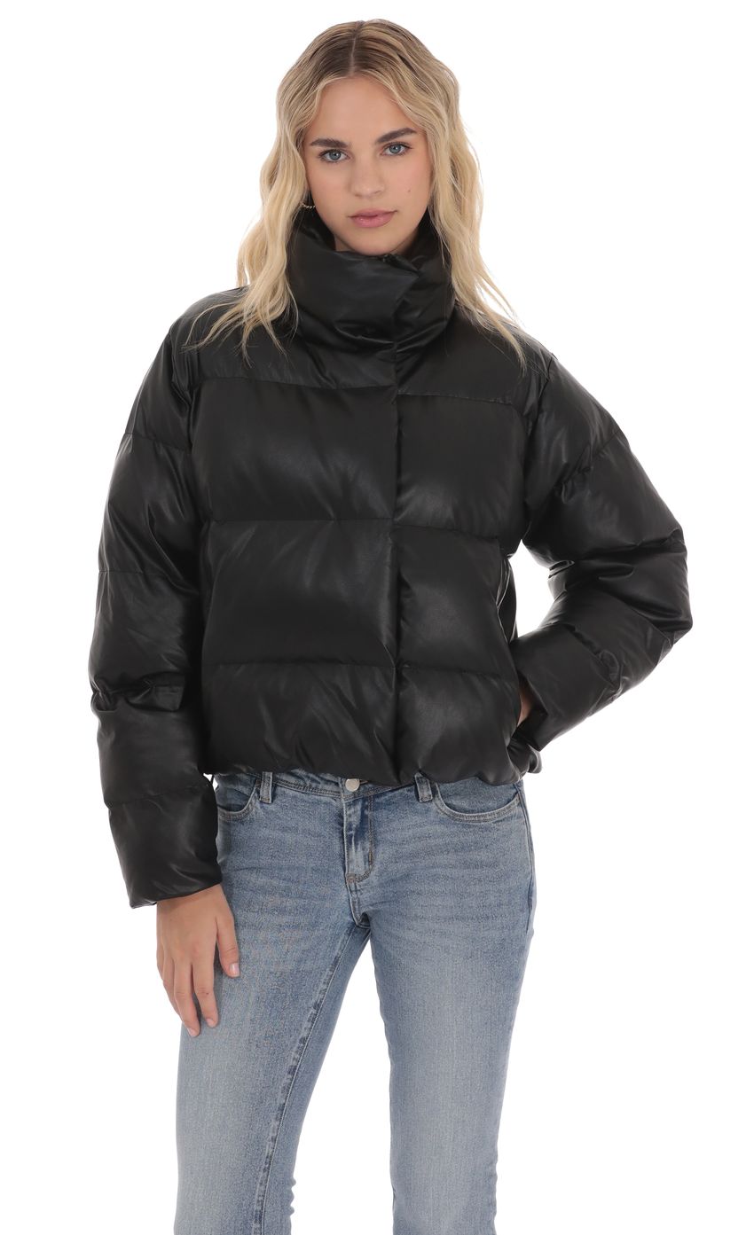 Lucy In The Sky Faux Leather Puffer Jacket in Black