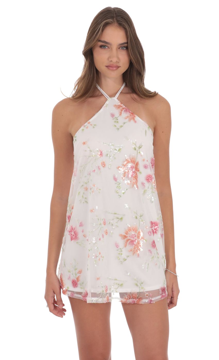 Lucy In The Sky Floral Sequin Halter Shift Dress in White