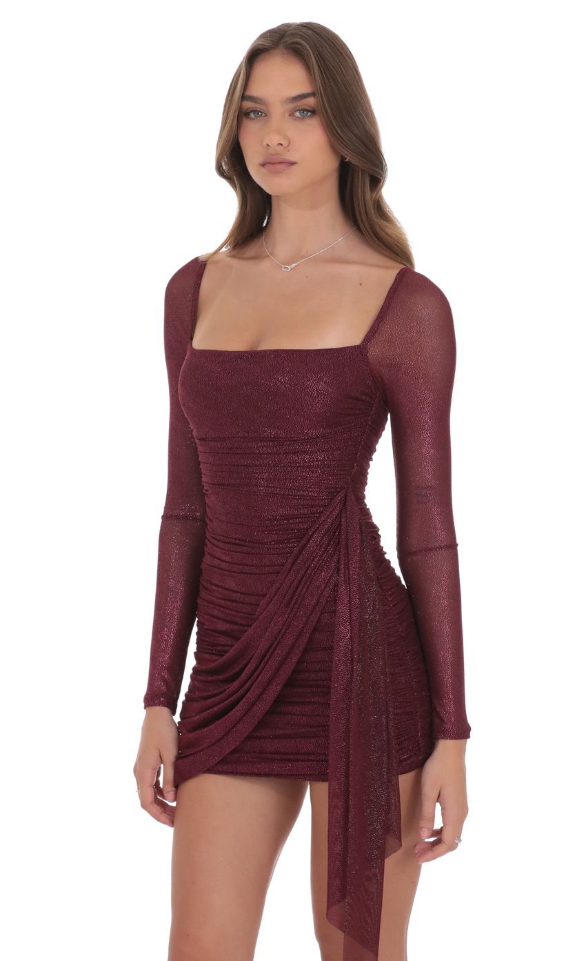 Lucy In The Sky Foil Mesh Long Sleeve Tassel Dress in Burgundy