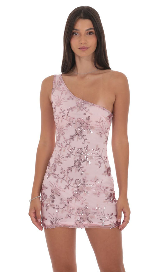Lucy In The Sky Floral Sequin One Shoulder Dress in Pink