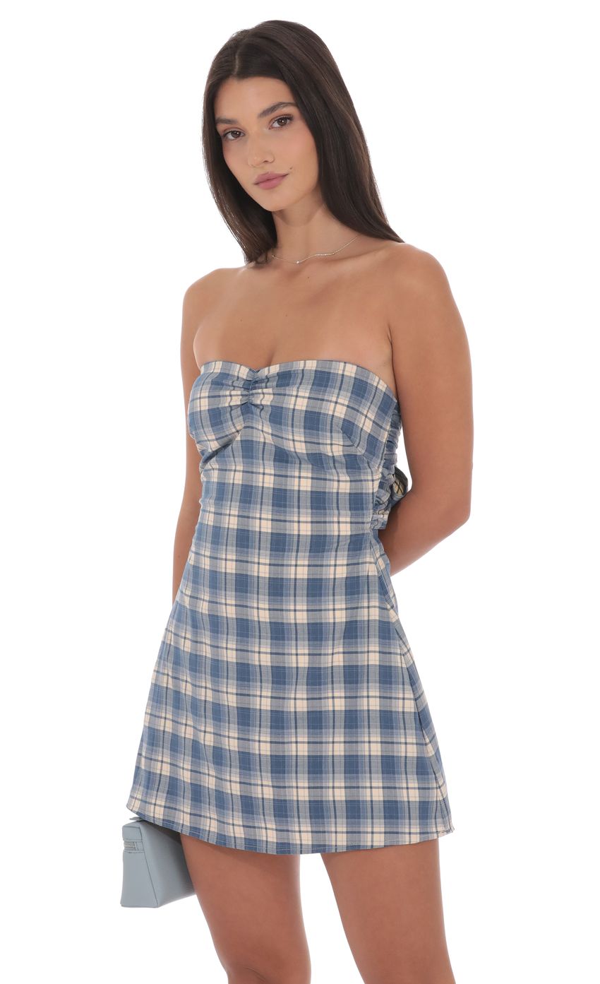 Lucy In The Sky Strapless Plaid Dress in Blue
