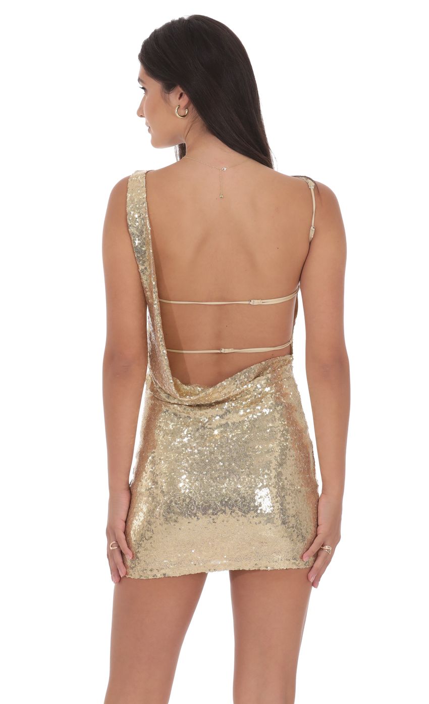 Lucy In The Sky Sequin High Neck Open Back Dress in Gold
