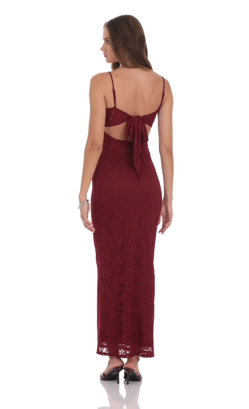 Lucy In The Sky Lace Back Bow Maxi Dress in Burgundy