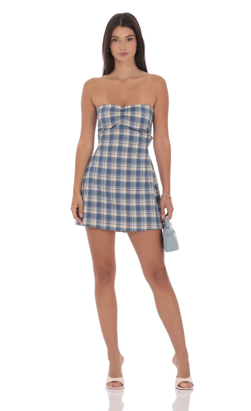 Lucy In The Sky Strapless Plaid Dress in Blue